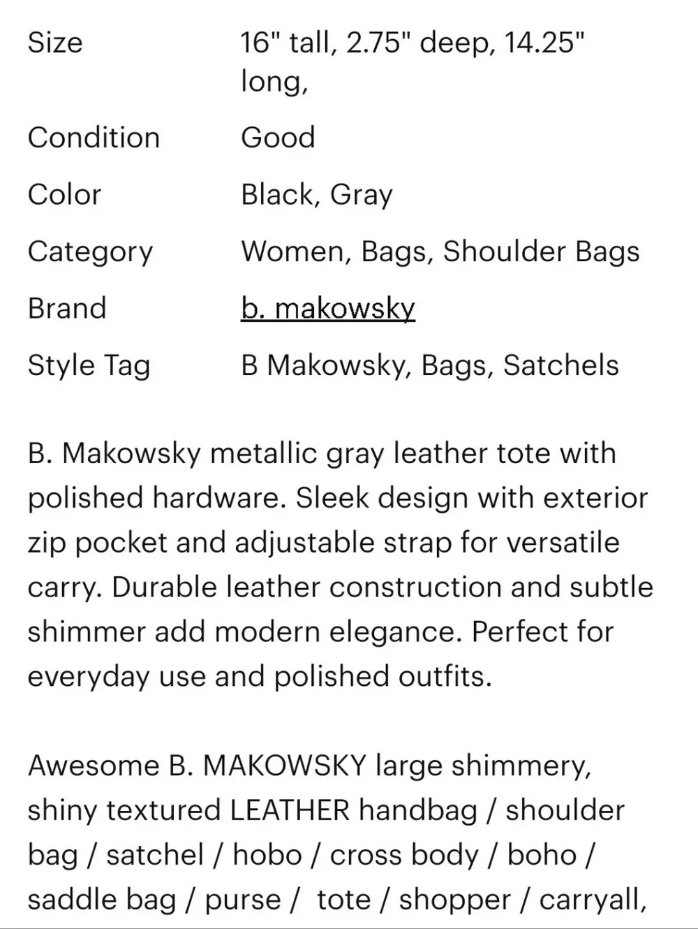 b. makowsky Gray Shoulder Bag Euc